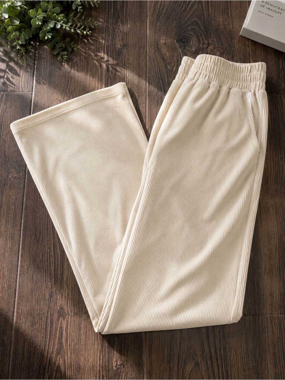 HALARA Wide-Leg Ribbed Corduroy Pants in Cream Beige